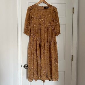 Women's Mustard Floral Tiered Midi Dress